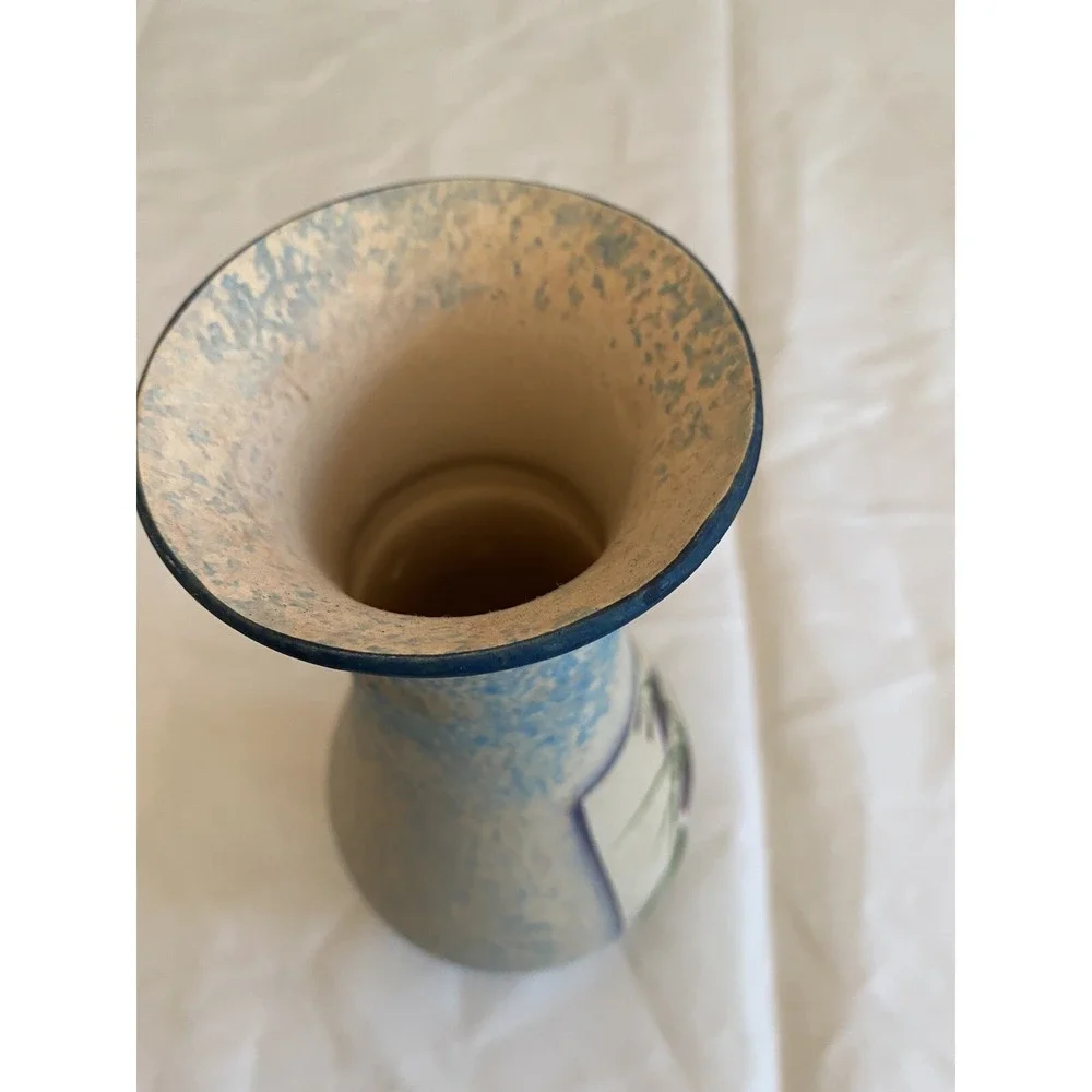 VTG 80s Hand Painted Ceramic Vase Blue Speckled‎ Floral Purple Bell Flowers 9